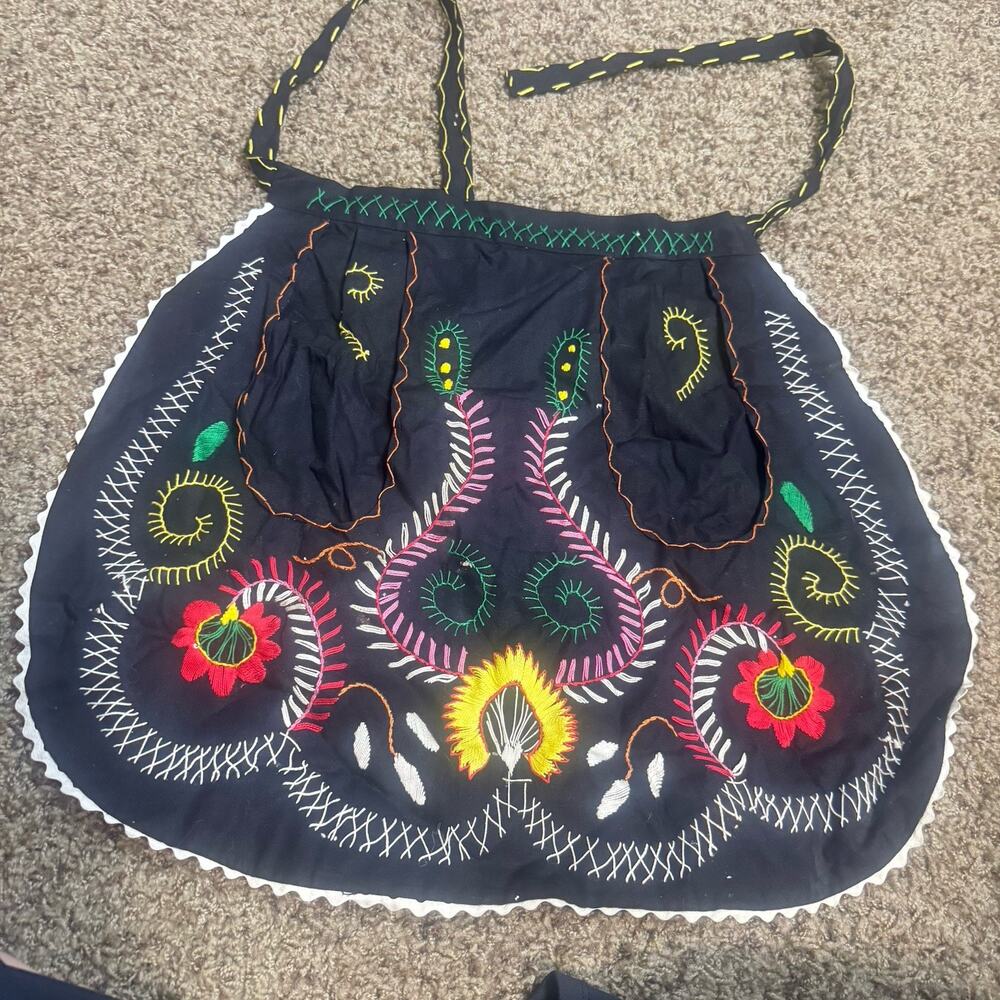 Vintage Hand Embroidered Half Apron Portugal Folk Art black colorful hostess